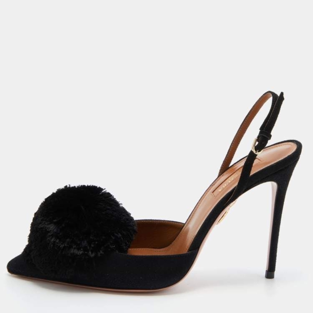 Aquazzura Black Suede Powder Puff Pointed Toe Slingback Pumps Size 37